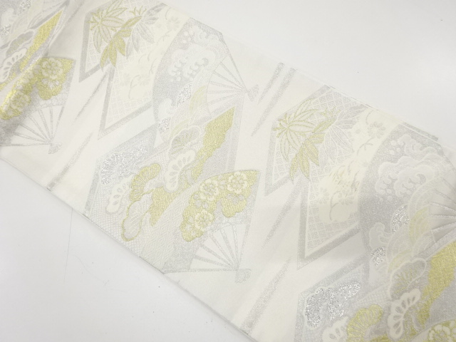 JAPANESE KIMONO / ANTIQUE FUKURO OBI / WOVEN FAN WITH FLOWER & PINE